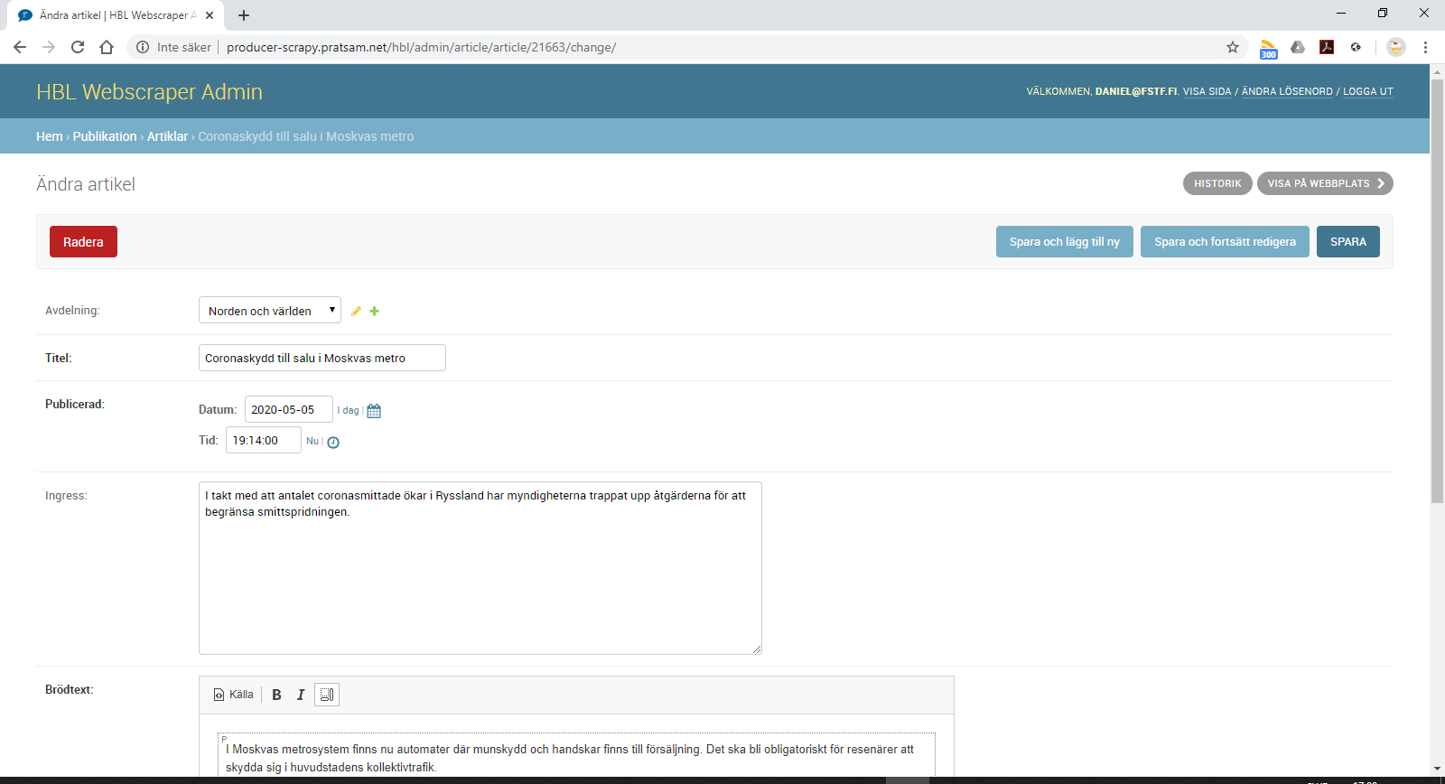 The Pratsam Producer DTBook editor web app - Article editing view