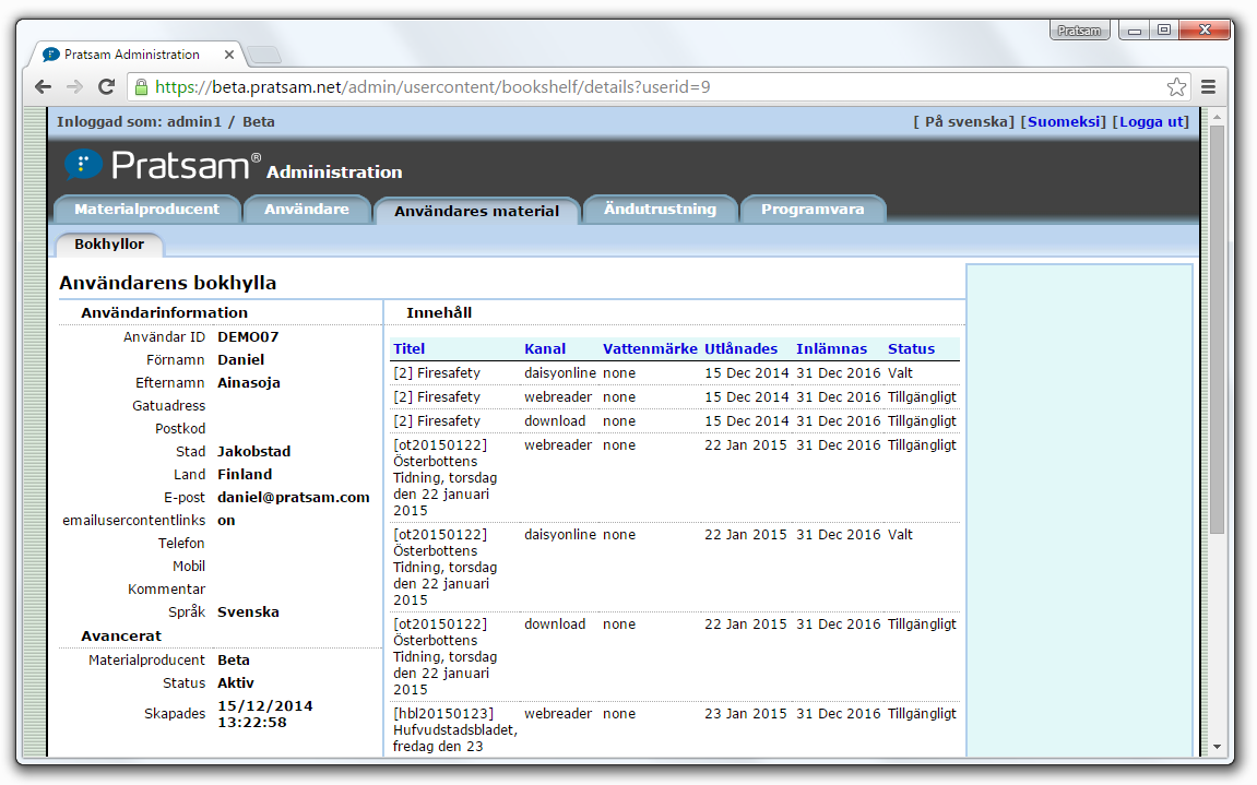 Pratsam Server admin - User bookshelf with DAISY books and newspapers
