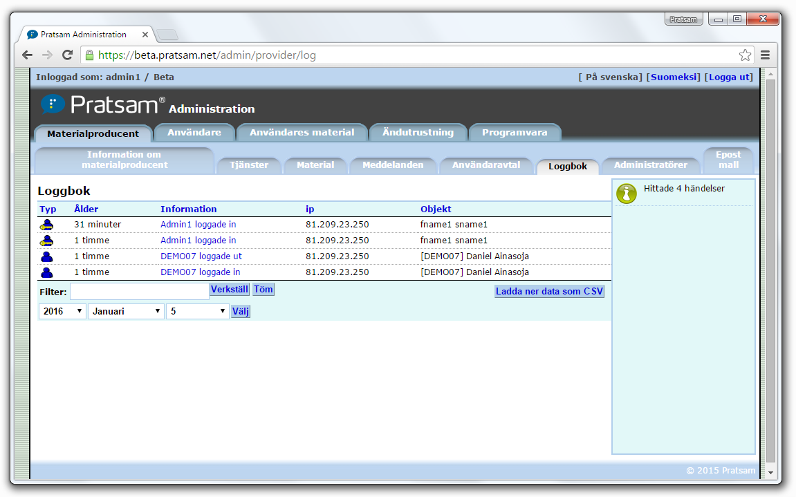 Pratsam Server admin - Login logging